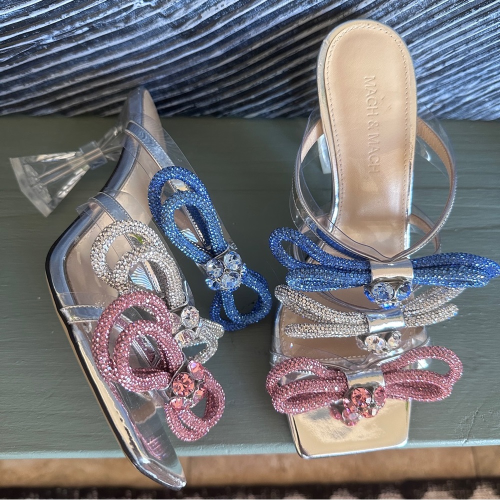 Mach & Mach Triple Bow Sandals Heels 39 Pink Blue Silver Strass 8 8.5 Clear Heel